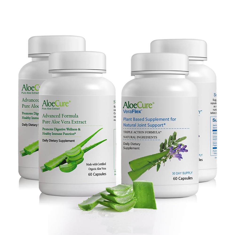 AloeCure 有机Aloe Vera Capsules 包装 - 4片 - 2 x VeraFlex, 2 x Aloe Vera Capsules