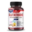 Glutathione 补充活性减量形式,富含Resveratrol、NAC、Collagen、Hyaluronic Acid、维生素C-豁免和解毒高级抗氧化剂 150 Capsules