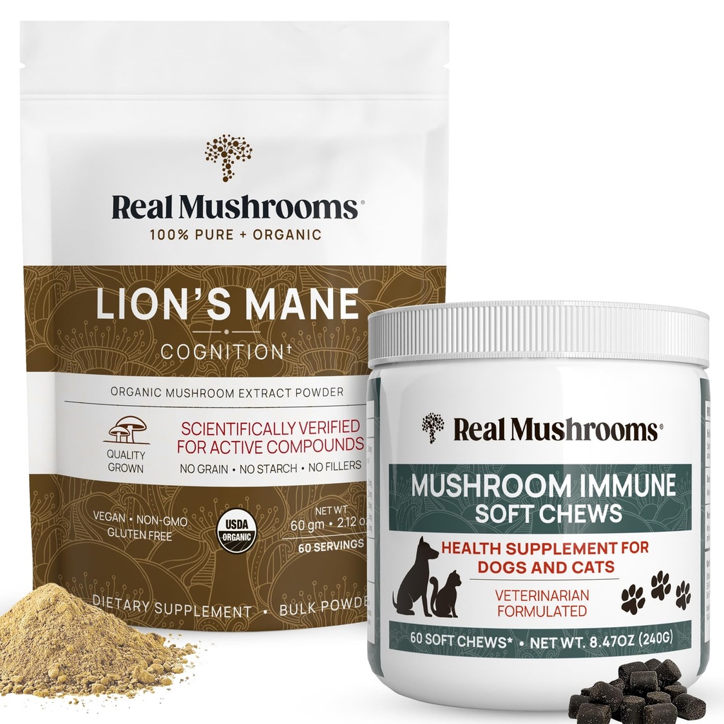 真正的蘑菇 狮子 人肉粉(60g) & 蘑菇 Imune Pet Chews(60ct) - Bundle for Cognition & A豁免 - Ashwagandha, Astragalus & More - Vegan, Non-GMO, Gluten Free, Grain - Free