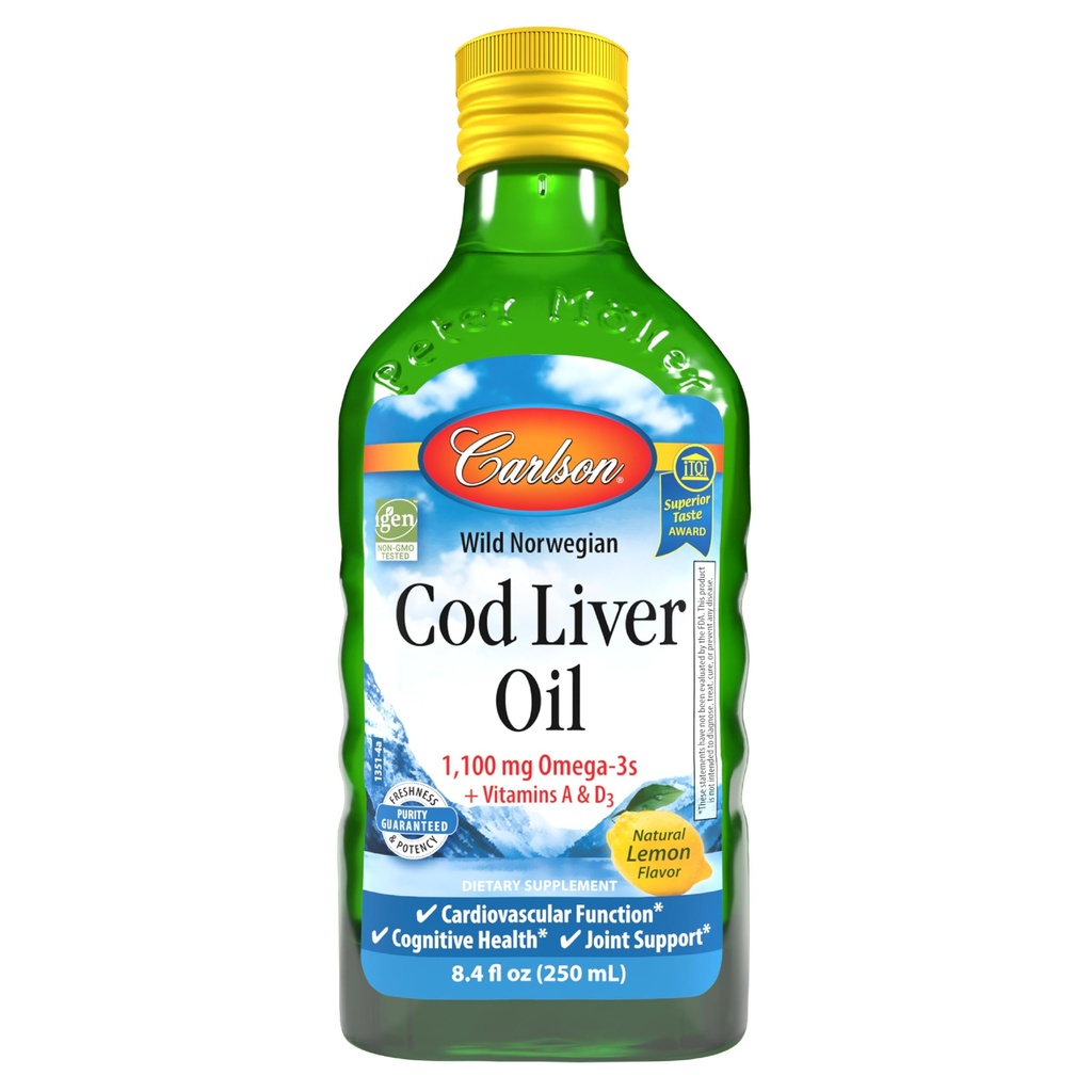 Carlson - Cod Liver Oil, 1100 mg Omega-3s,液态鱼油补充剂,野生挪威北极,可持续来源北欧液体,柠檬,250毫升