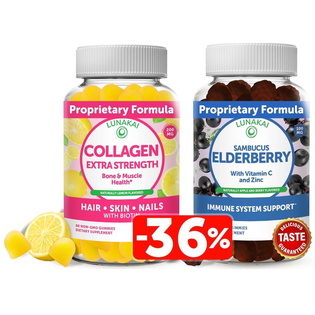 Lunakai Collagen和Merderberry Gummys Bundle -- -- 男子和妇女的老龄补充 -- -- 成人和儿童免疫支助 -- -- Vegan、Non-GMO、No Corn Syrup、Gelatin Free、All Natural Black Sambucus