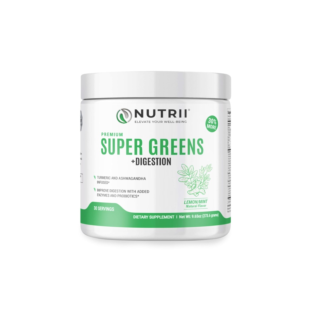 有机绿色豁免超食品粉 - Soothes Digestion, Boosts 健康生命力和能源. 配有亲生药、酶、Turmeric和Ashwagandha的快速代理配方(30架柠檬明)