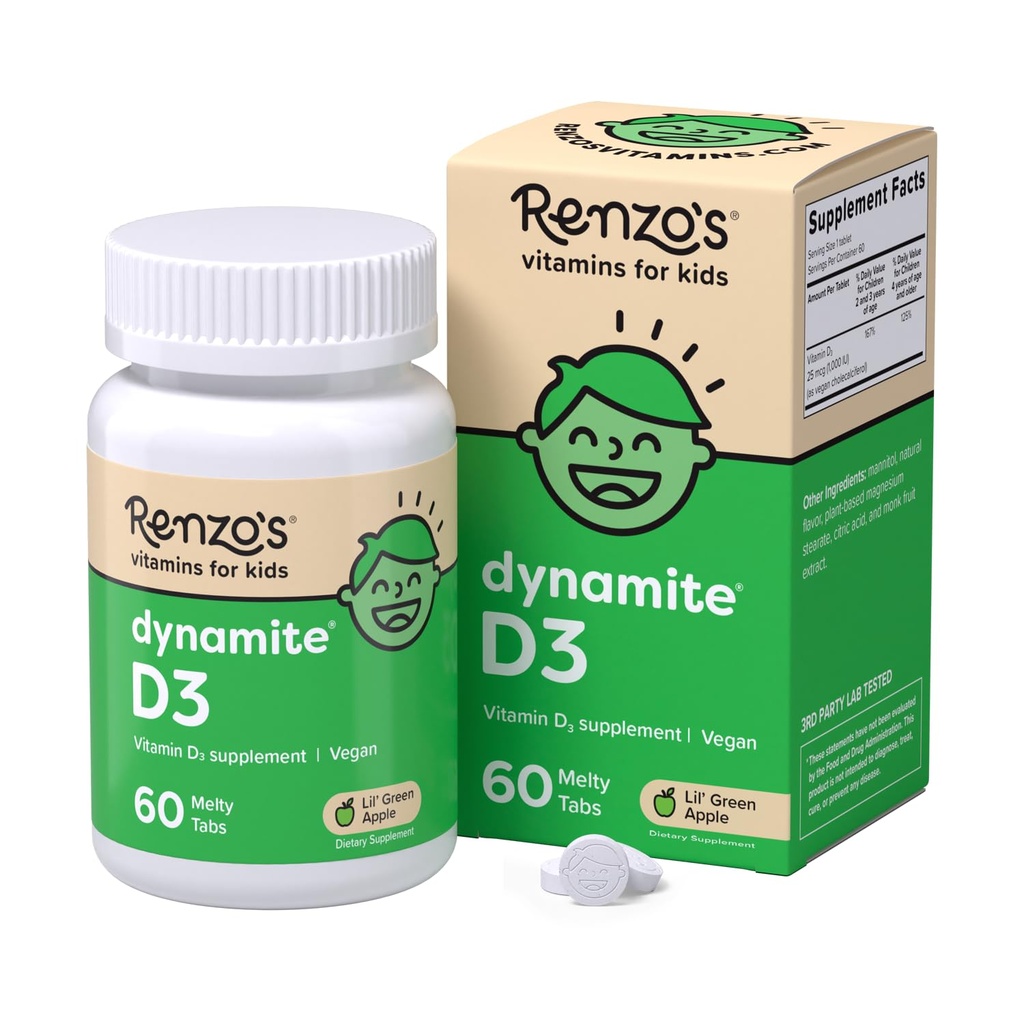 Renzo的Dynzo 维生素D3, 溶解孩子们维生素D3, 60个无糖融糖标签, Lil的绿色苹果火焰