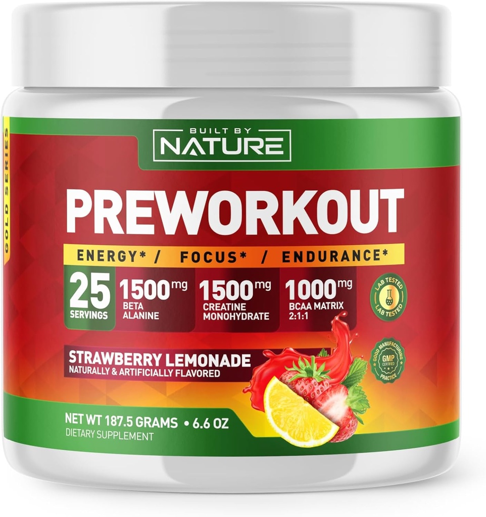 由自然工作前粉与Beta Alanine、Creatine Monohydrate、BCAA、L Citrulline、L Arginine和Cafeine-草莓柠檬汁Flavor-25种服务共同建造