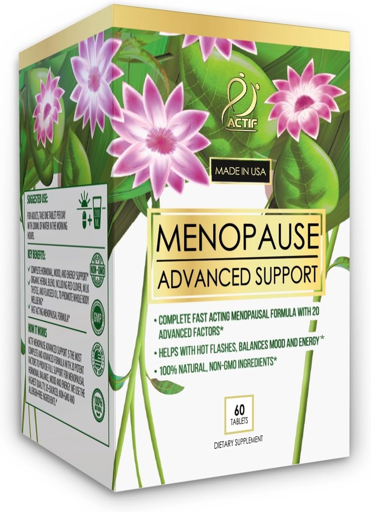 Actif Menopause 高级支持 20+ 有机维生素和草药 - Relieves Hot Flashes, Night Sweats - 非 GMO, Fast Academy, Made in USA, 60 Count