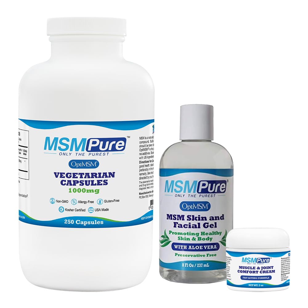KALA HALTH MSMPure启动器套装 MSM Capsules 250 Counter,MSM肌肉与联合Cream 2oz和MSM Gel 有机Aloe 8oz