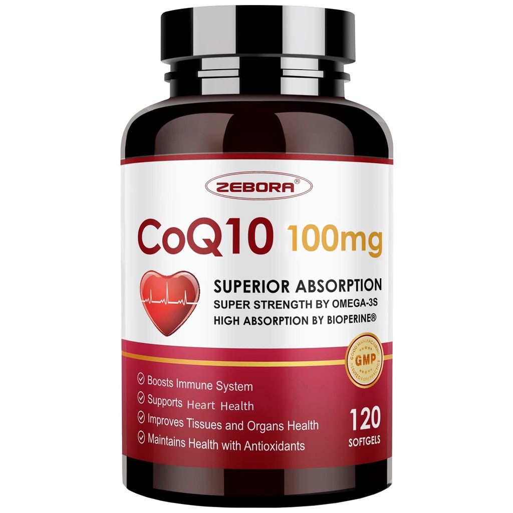 ZEBORA CoQ10-100mg-Softgels 配有 PQQ, BioPerine & Omega-3, 高吸收Coenzyme Q10 补充, 强抗氧化剂, 支持心脏和能量生产 120 服务, 非GMO