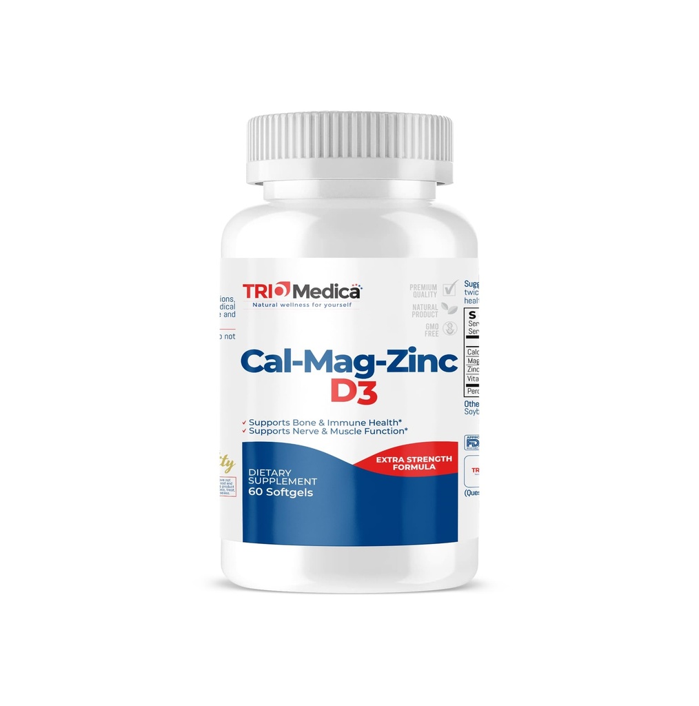 Cal-Mag-Zinc D3 饮食补充(Calcium Magnesium Zinc & Vitamin D3) | Immune, Bones & Teeth Support | Non-GMO | Vegan | Gluten Free | ry ry Kosher | 60 Softgels | (60 Counter (Pack of 1)).