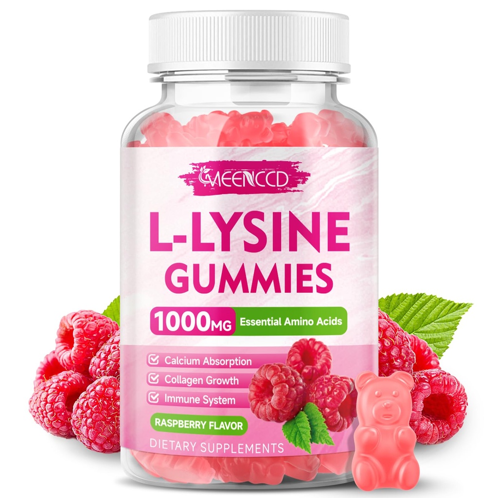 L-Lysine 1000mg Gummys, 成人和儿童的赖氨酸补充剂, 唇和口腔健康的基本氨基酸补充剂, Boost Imune & Colagen & Calcium, 无糖, Raspberry Flavor, 60 Counter