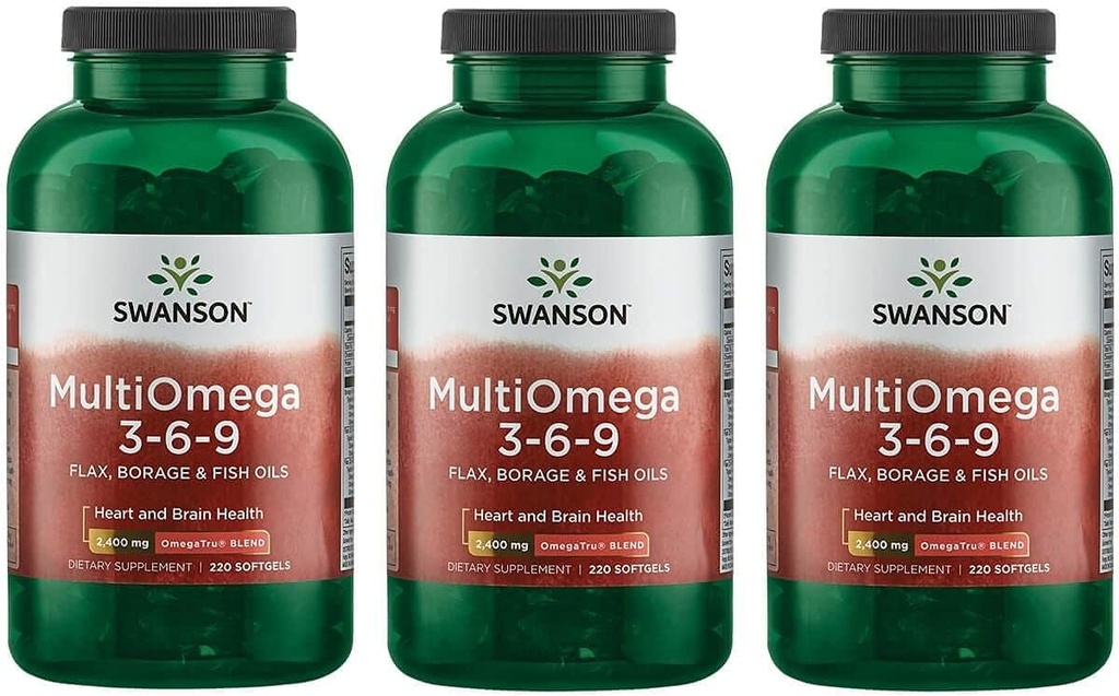 Swanson MultiOmega 3-6-9 - 非GMO Flax Oil, Borage Oil, ' &'鱼油盖 - 支持心血管健康的基本脂肪酸 ' &'脑健康 - (220 Softgels, 2400mg service) 3瓶