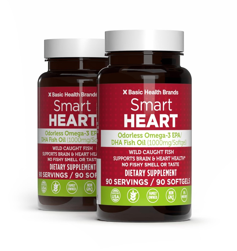 Basic Brands Smart Heartless Omega-3 鱼油1000mg - 三强EPA & DHA,非GMO,心与认知支持 - 90 Burpless Softgels - 2-Pack
