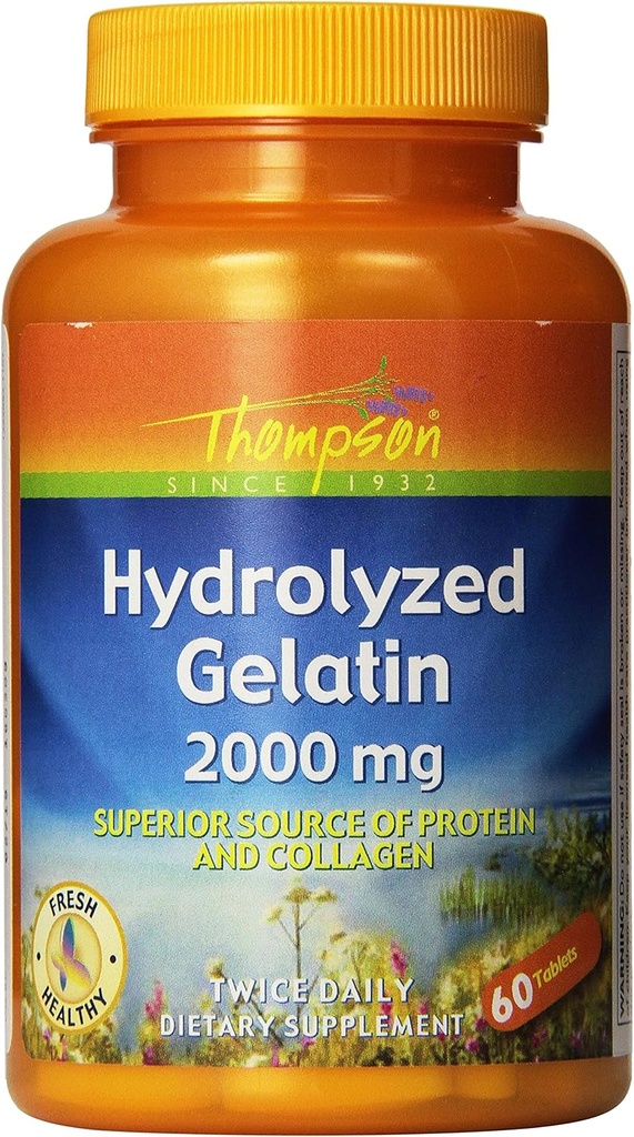 Thompson Hydrolyzed Gelatin 2000mg → Bovine-Sourced protein & Collagen 健康细胞和钉子支持 → 增强吸收 → 60 片 → 包装 2