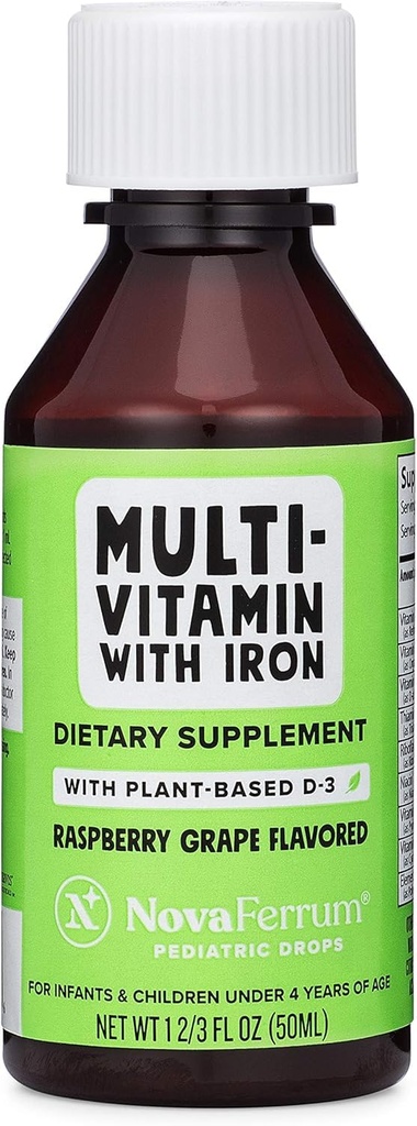 NovaFerrum Delish + Vegan 多维特敏与铁为婴儿,托德勒斯和孩子 + Immune 支持 + 有机植物基 D-3 → Gluten Free → Vegan 认证 + 糖自由 1.69 Fl Oz (50 mL)