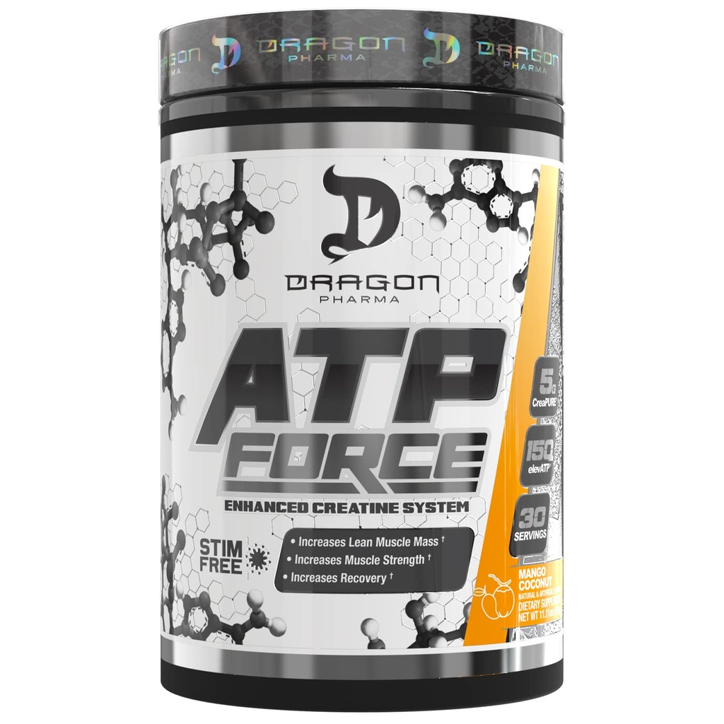 DRAGON PHARMA ATP Force 增强克里丁系统,无刺激,增加精液肌肉质量和复苏,5克CreaPure,改善血液流动(30种服务,芒果椰子)