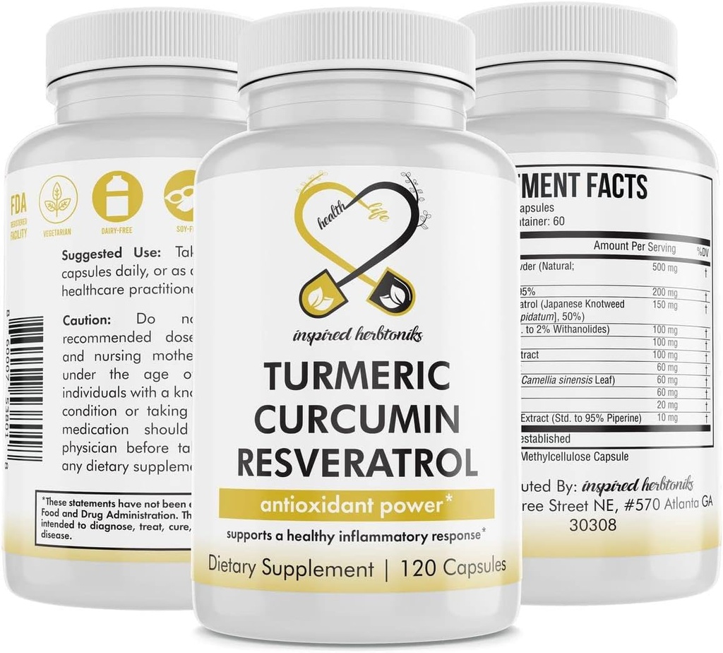 Turmeric Curcumin resveratrol 营养补充剂、抗氧化剂属性、支持良好的炎症和免疫系统,120 Vegan Capsules