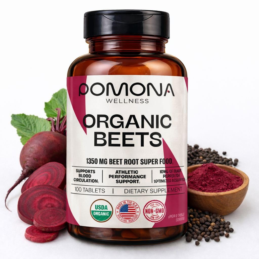 Pomona Wellness Beetroot 补充粉末1350mg,支持血压,心脏健康,循环,能量和运动性能,USDA有机,非GMO,Vegan,100片