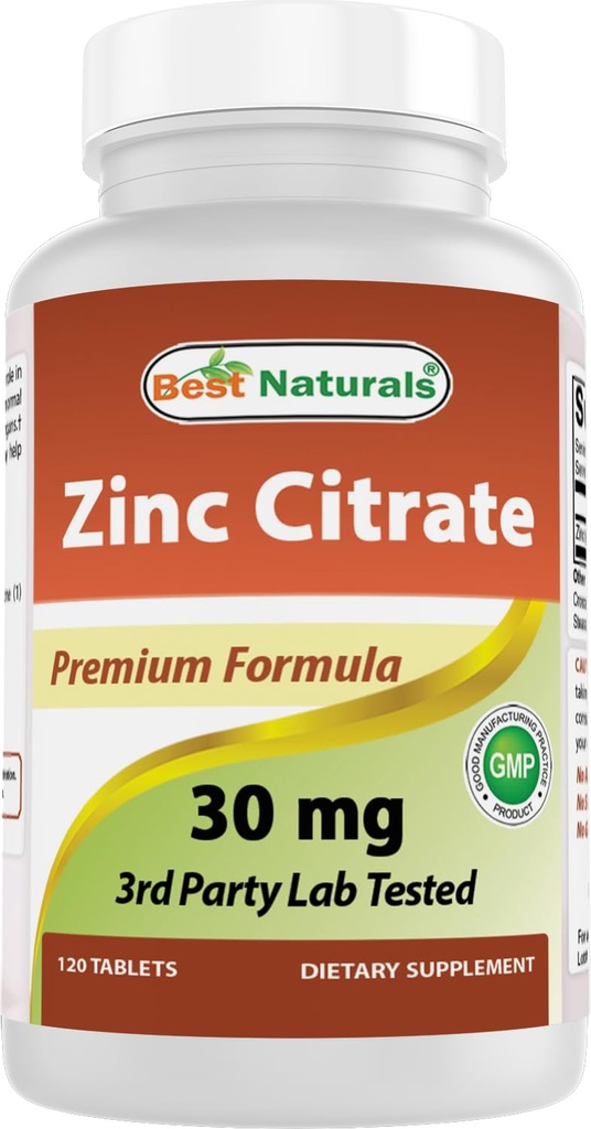 Best Naturals Zinc 30mg 补充剂(作为 Zinc Citrate) - 成人免疫支持用锌维生素 - 120块(120个计数(一包))