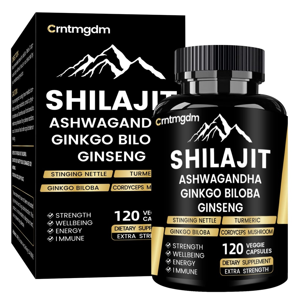 Shilajit Capsules - 20 000 mg 纯喜马拉雅有机物 与Ashwagandha, 支持生命和健康, Premium Shilajit Pure Himalayan 补编, 120 capsules