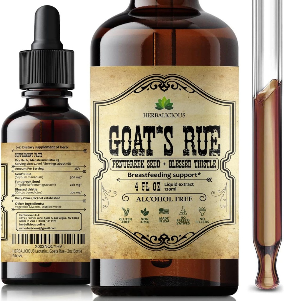 HERBALICIOUS GOAT的Rue液体提取 4 fl oz - 天然草药叮当与GOAT的Rue, Fenugreek种子, 祝福的TETLE - 无酒精非GMO乳品增殖补充剂