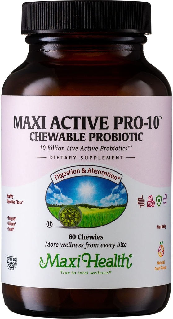 Maxi Health Active Pro-10 Kids Probiotic Chewables – 15 Strains for Digestive & Immune Health – 10亿 Probiotic Blend - 乳品无销量,科舍尔 – 支持古特健康,蔬菜 – 60 ct(谢尔夫稳定)