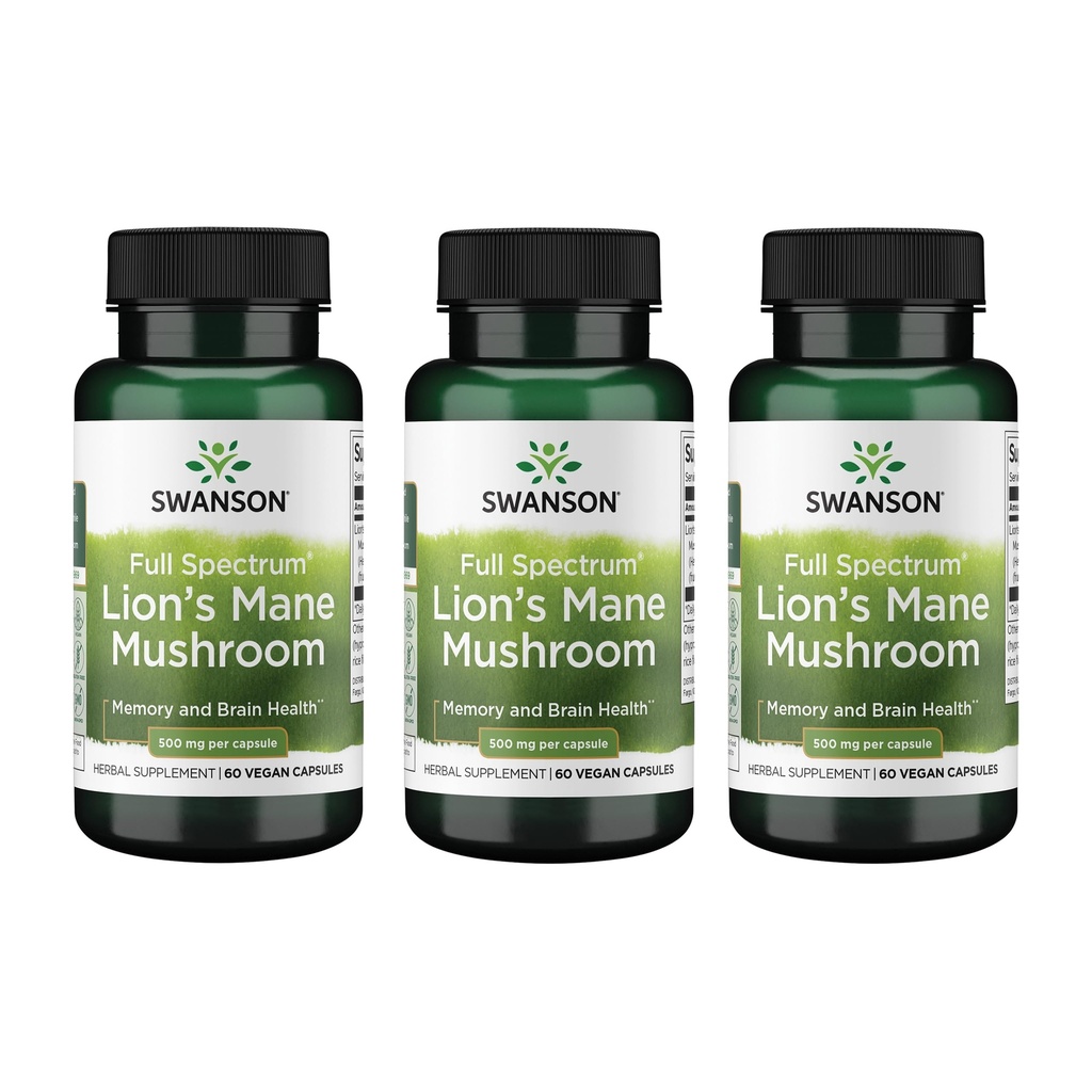 Swanson Lion的马内蘑菇 - 传统脑助推器 由Erinaceus Hericium制造(60盖,每盖500毫克) 3 Pack