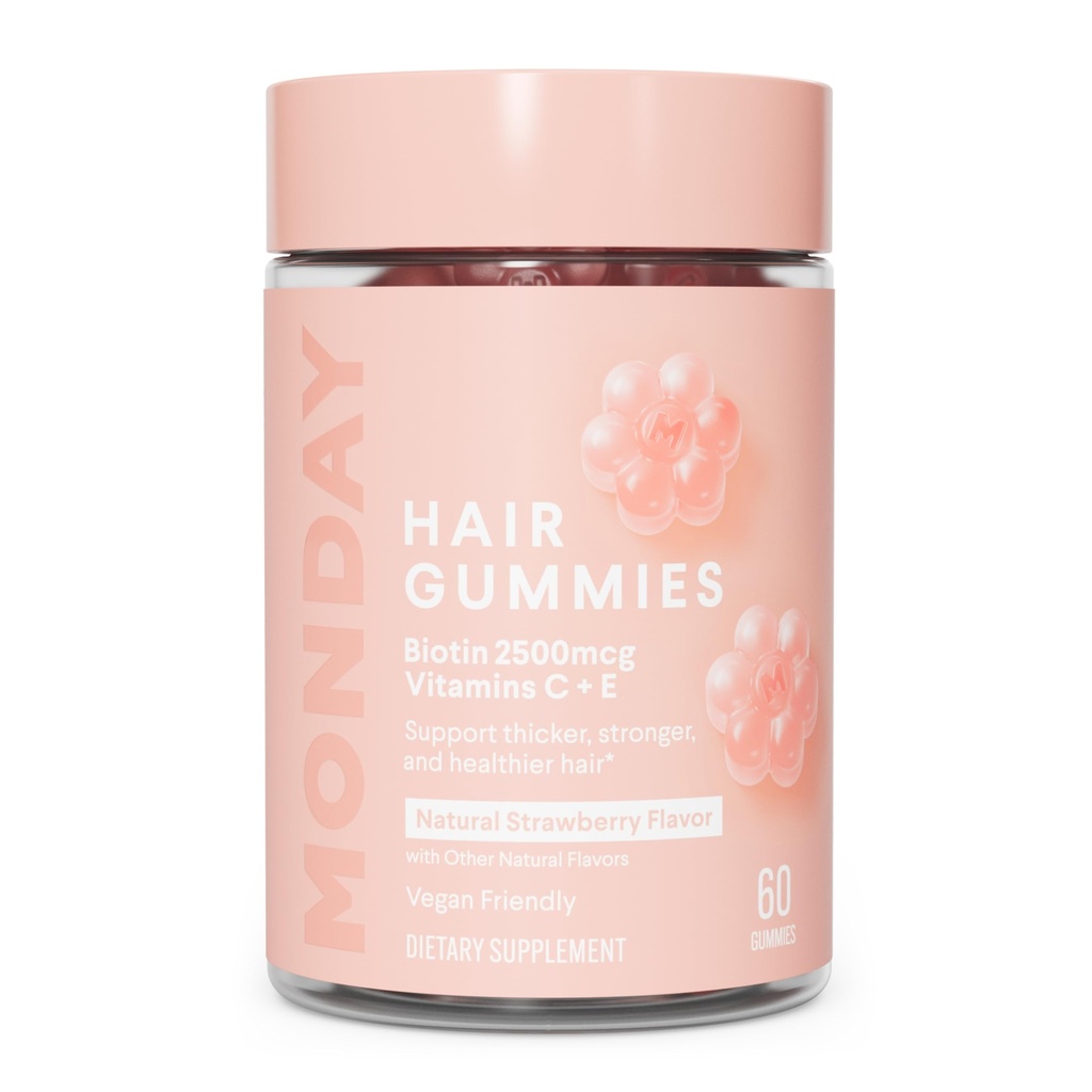 周一HAIRCARE 毛发胶带2500 mcg Biotin、维生素C和Vitiman E 配Thicker、更强壮、更健康60ct
