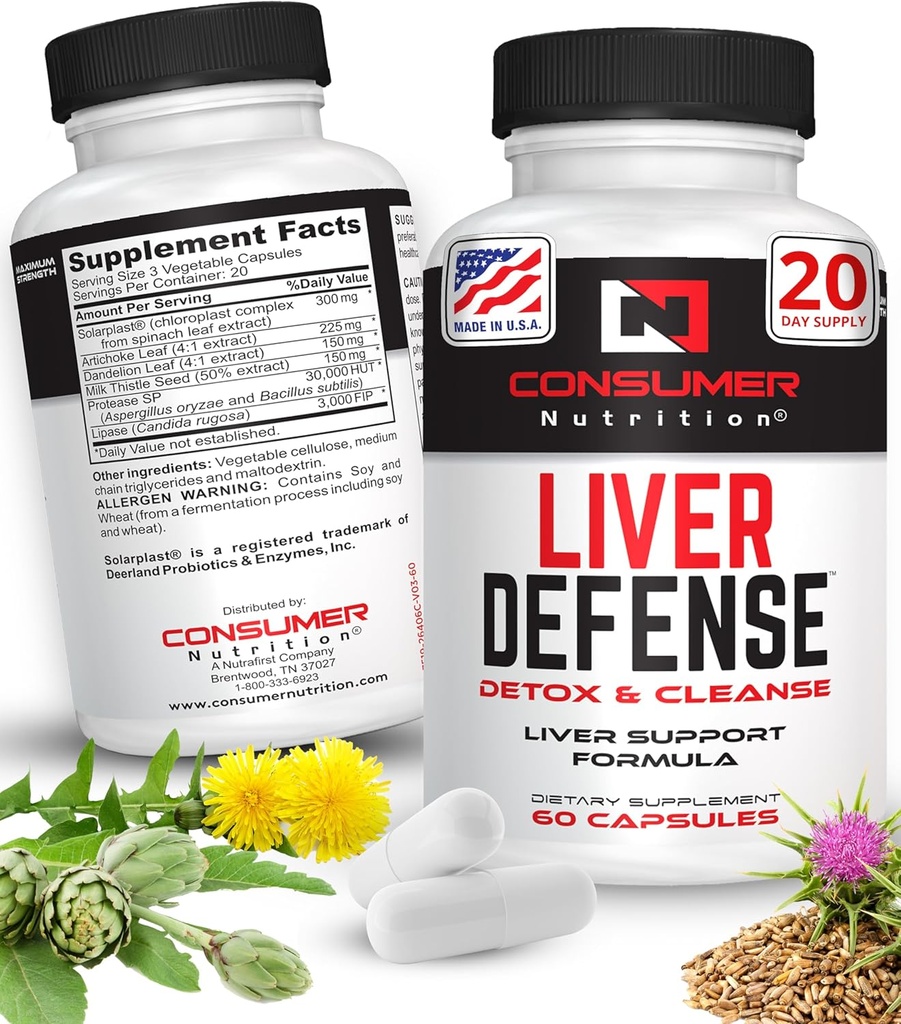 liver支持补编 - liver Defense Liver cleanse Dex - 由Solarplast, Artichoke Leaf, Milk Tedle种子, & More - 代谢和免疫反应60 Capsules制造