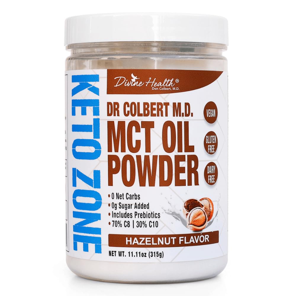 Divine Health Dr. Colbert, MD MCT 油粉 | Hazelnut Flavor 在Keto Zone饮食中推荐 |  Coffee Coffee Creamer | 70% C8 30% C10 → 0 Net Carbs | 30日供应 | 330 G