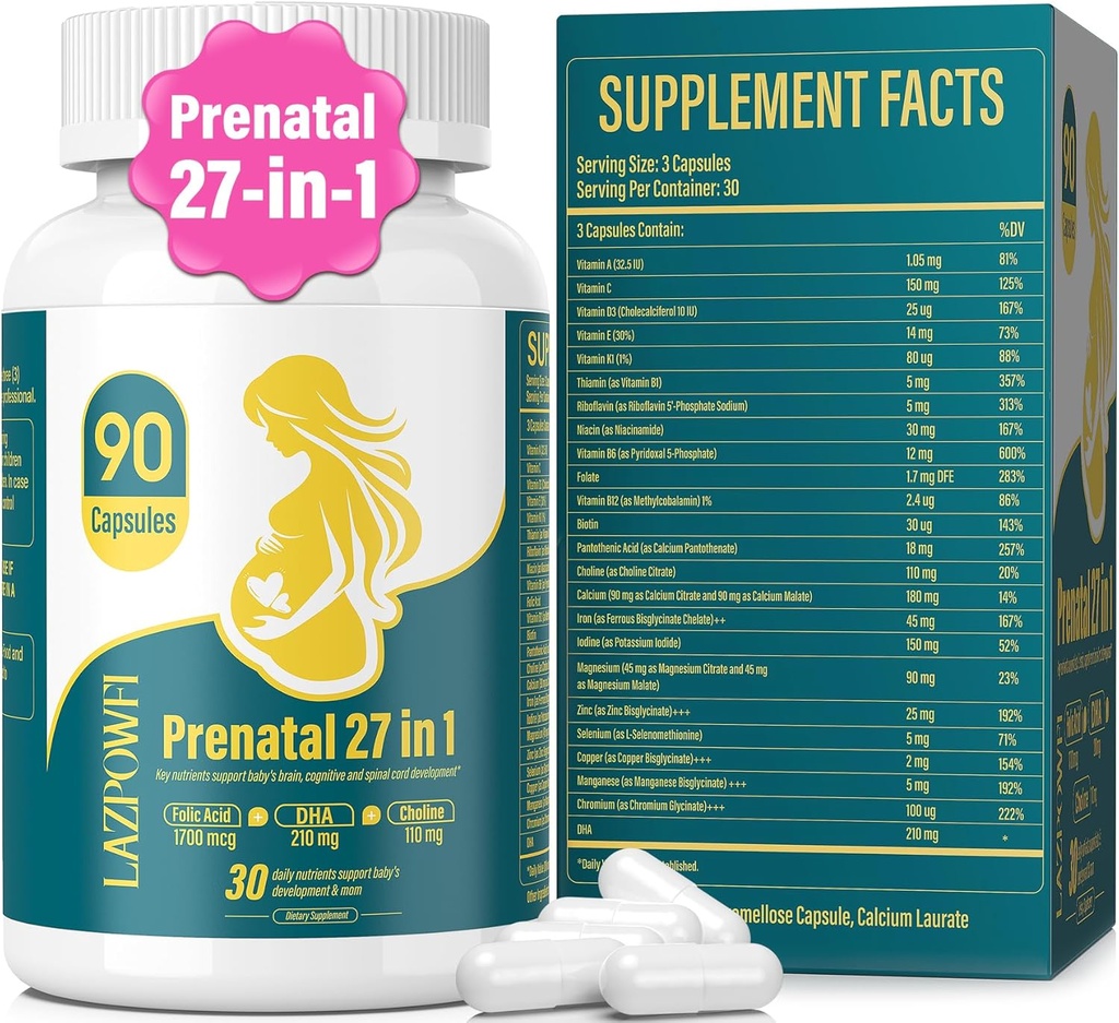 孕妇和哺乳期妇女的多维生素DHA Choline Niacinamide Biotins和矿物 27,1 补编90 Capsules-30