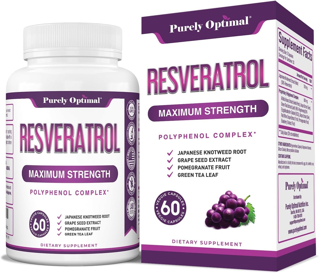 纯正优化Resveratrol Supplement 1500mg – 来自日本 Knotweed, Polyphenol Complex – 支持优雅的老龄化,生命力,认知和皮肤健康 – 60 Vegan Capsules