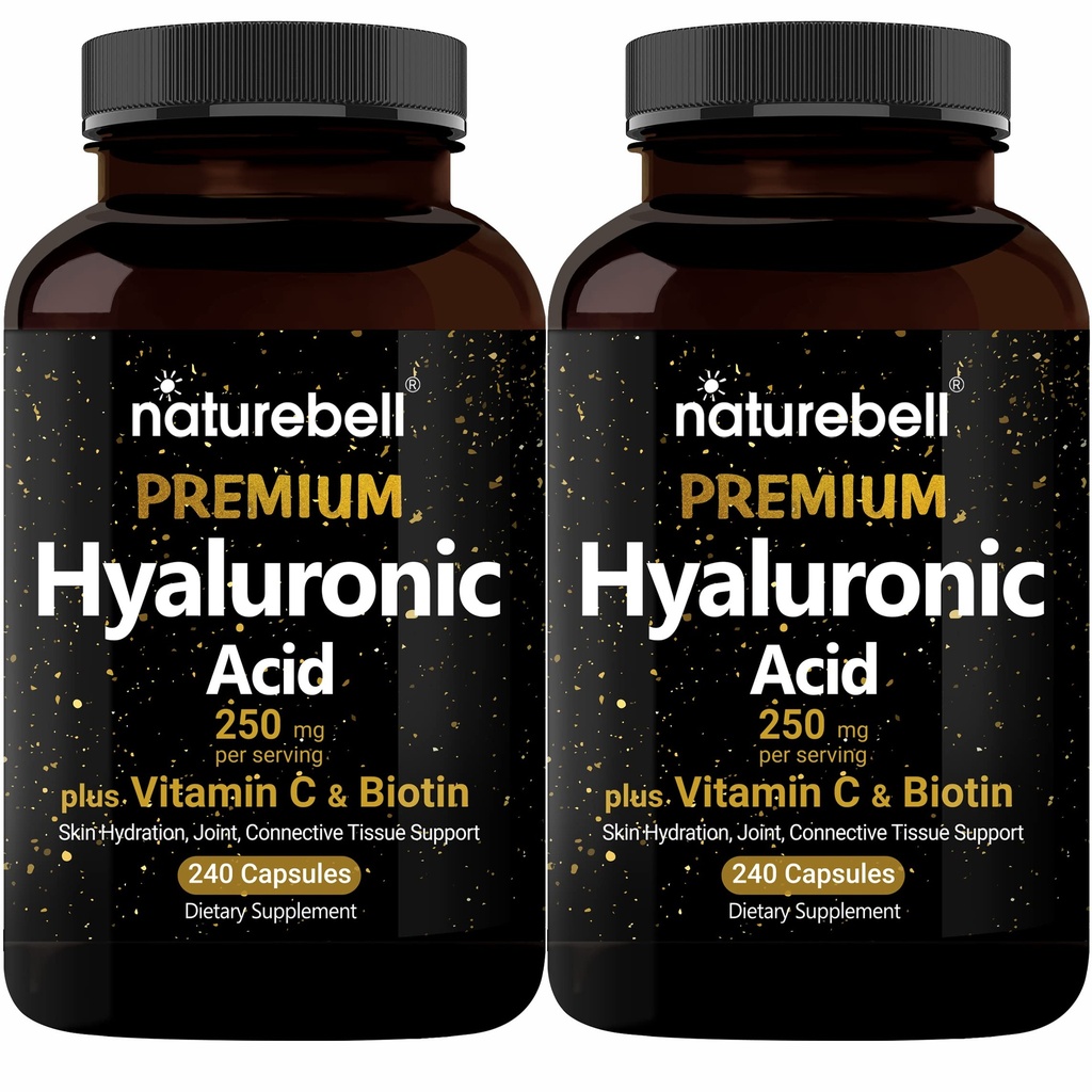NatureBell 2 Pack Planet Hyaluronic酸补充剂250mg,配有25mg维生素C和Biotin 5000mcg,480总卡普尔 毛发生长必需,联合支持,加水皮肤 → + 非GMO