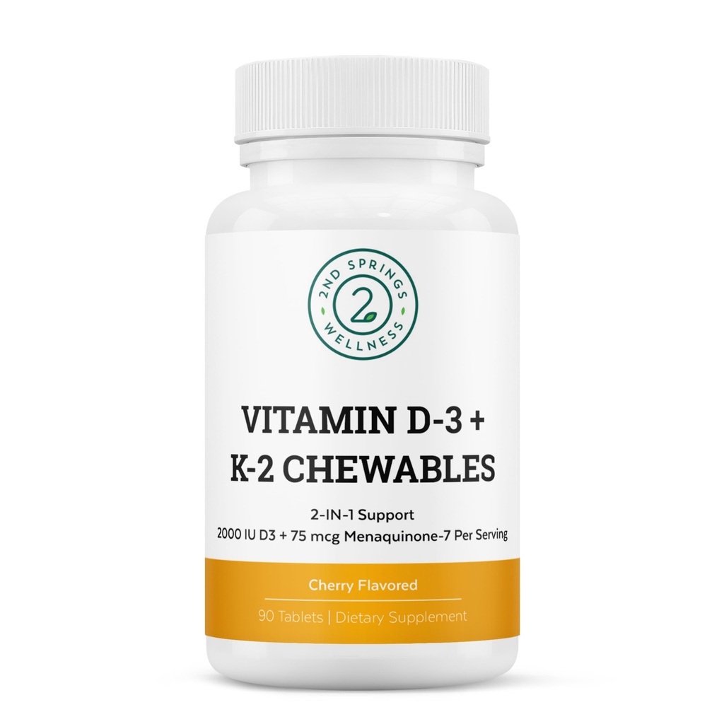 维生素D3 + K2 Chewables - 2000 IU 维生素D 和 MK7 K2(Menaquinone-7) - 樱桃裂片 - 维生素D + K2 成人和儿童补充剂