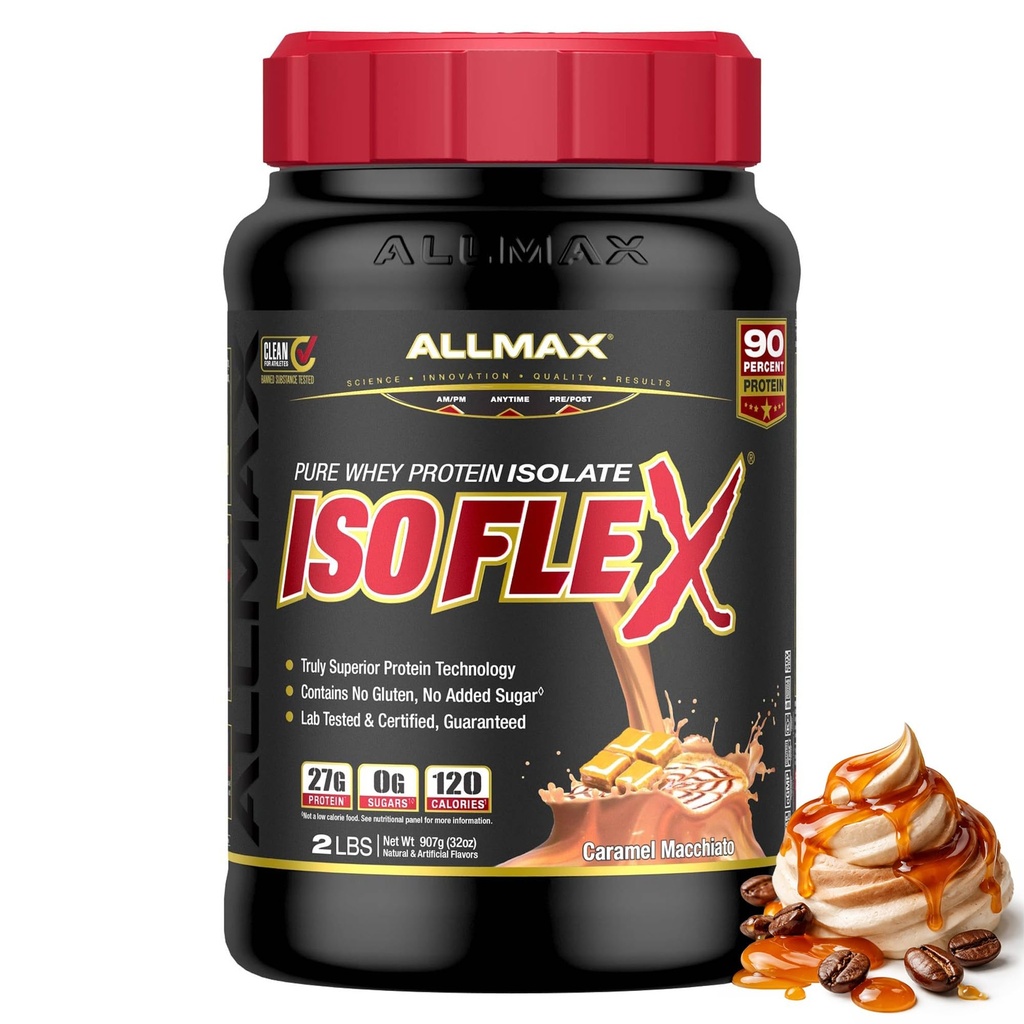 ALLMAX 营养 ISOFLEX Whey 蛋白质隔离剂 焦糖 Macchiato - 2磅 - 27克蛋白质 Per Scoop - 零脂肪和糖 - 99% 自由乳糖 - Gluten Free & Soy - 大约30种服务