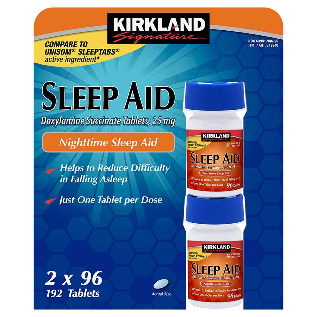 Cos7 Kirkland 签名 Doxylamine Succinate 片, 25mg 夜间睡眠 AID - 2 X 96片片 (192片)