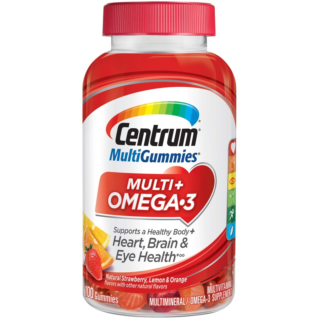 Centrum MultiGummy Omega 3 Gummy Multivitamin 供成年人使用,多维塔明/多米纳罗增生,草莓/莱蒙/橘梗-100个计数