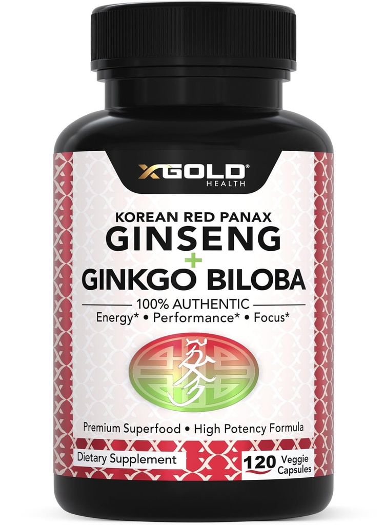 韩国真红Panax Ginseng 1200mg + Ginkgo Biloba 160mg – 高Ginsenosides 外力 – 能源,记忆,焦点和脑健康 – Vegan Capsules 面向男女的120 Counter