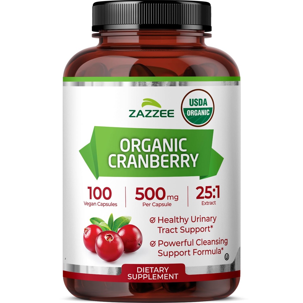 Zazzzee USDA 有机Cranberry 25:1 抽取,每卡普尔500毫克,100维冈卡普尔,超过3个月的供应,标准化,集中25X 抽取,100%蔬菜,认证有机,非GMO全自然