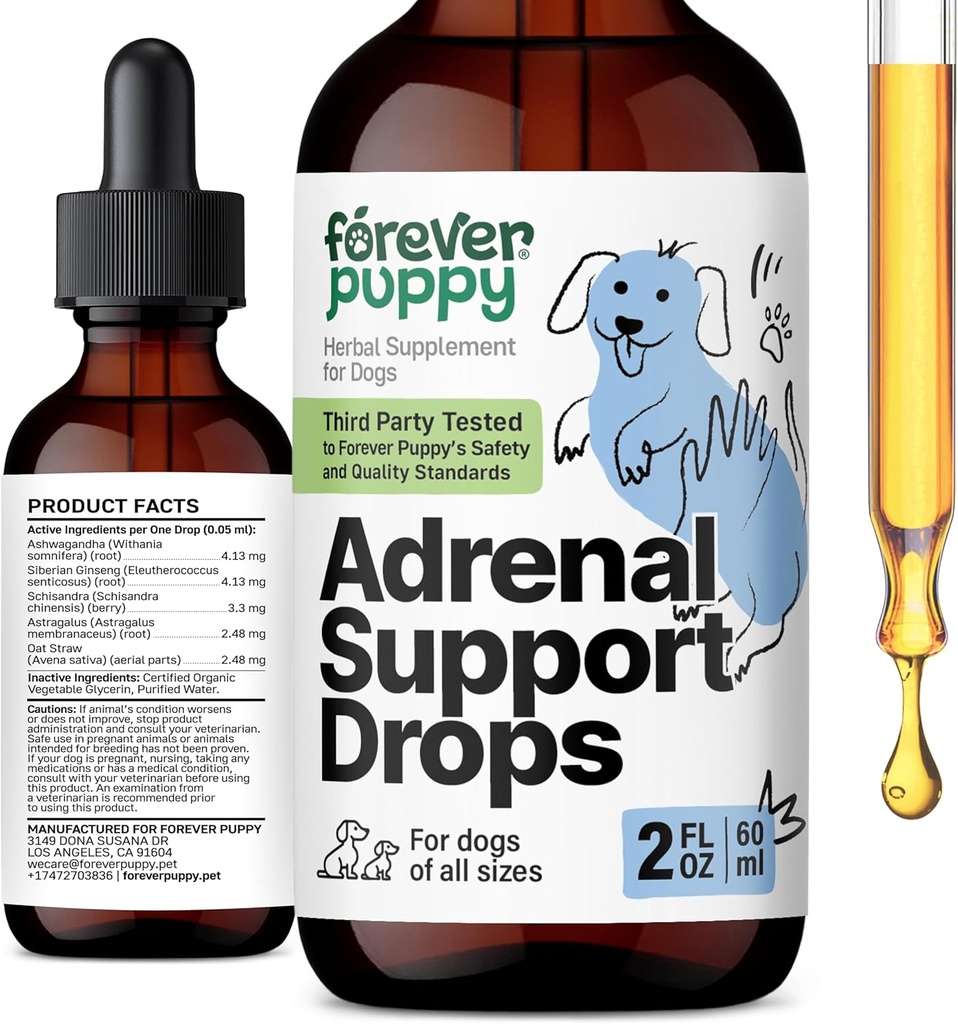 狗永远肾上腺支持滴 - 纯Ashwagandha & Ginseng 根纹用于肾上腺健康与能量支持 - 全毛和大小狗的冷却护理液体补充 - 2 oz