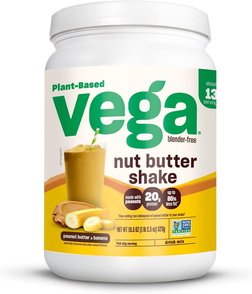 Vega Nut Butter Shake,花生酱和香蕉 - Vegan蛋白粉,20g蛋白,真食原料,无添加糖,1.39磅