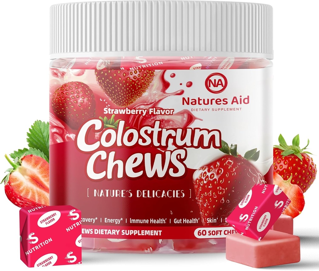 Colostrum Chews 配有古特健康、布洛廷、免疫支持、皮肤、头发生长和美容-草莓火焰(60名服务员)的辅生补充剂