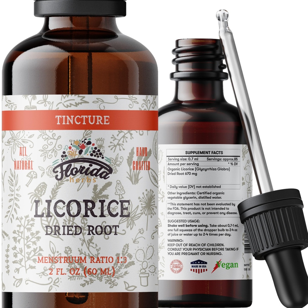Licorice Tincure, 有机液提取物(Glycyrrhiza Glabra) 干根, 草药补充剂, 冷椒有机蔬菜中的非GMO 2 oz, 670 mg