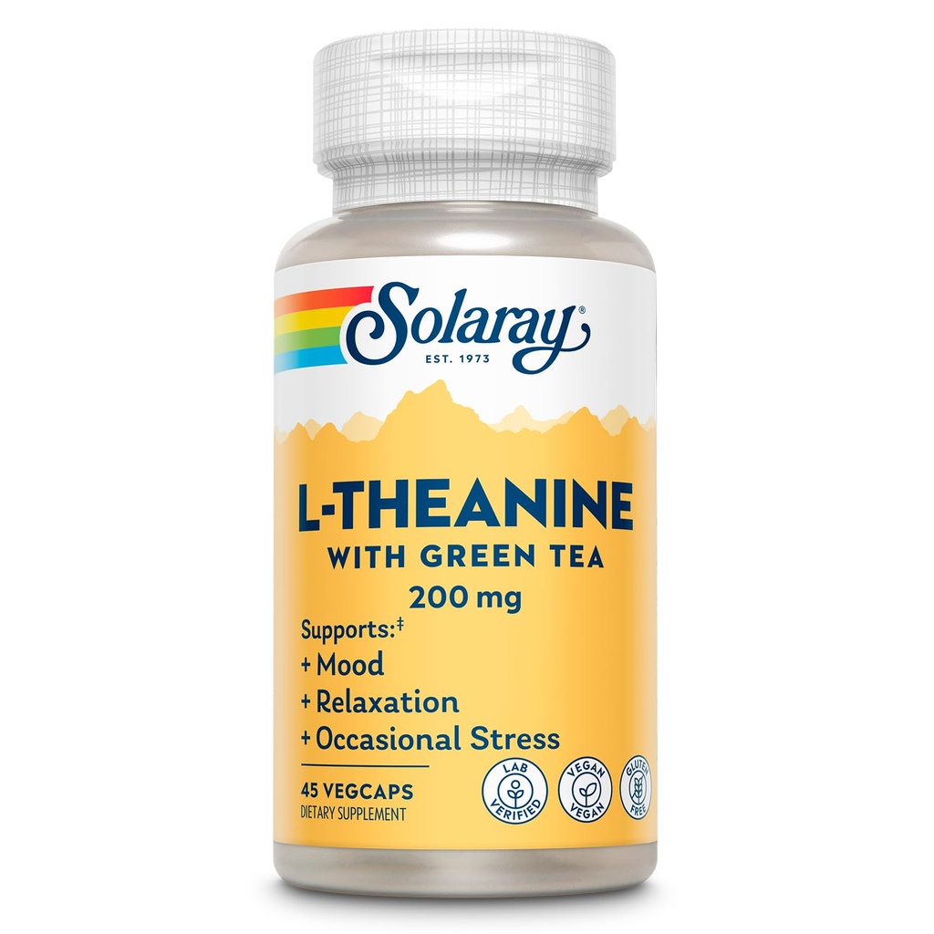SOLARAY L-Theanine 200mg 配绿茶 - 健康摩擦,放松和偶尔压力支持 - 实验室验证,Vegan,Gluten Free - 45 services, 45 Veg Caps