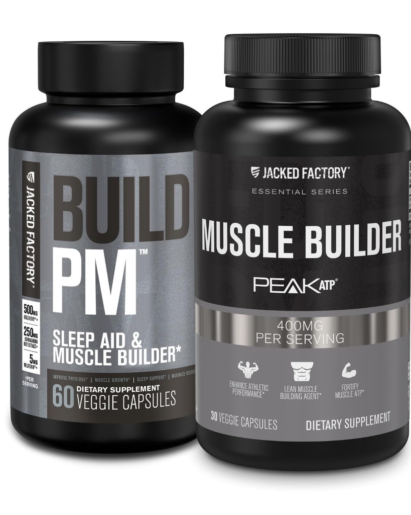 Jacked Factory Building PM Night Time Muscle Builder & Sleep Aid (60 Capsules) & Basics Muscle Builder - 男子每日强健建设者与峰值ATP(30 Capsules)