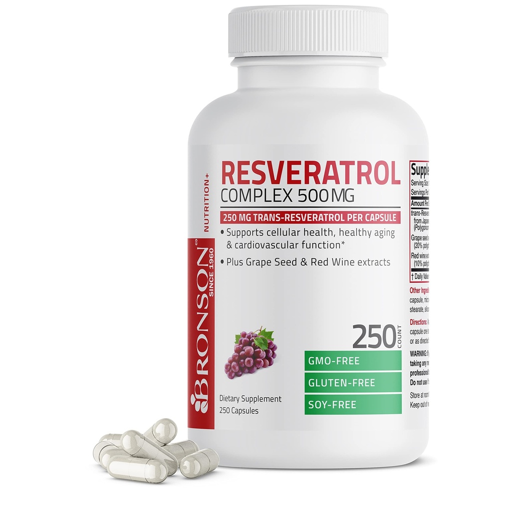 Bronson Resveratrol 500 复合体 标准化 Trans-Resveratrol + 葡萄种子和红葡萄酒提取器,250 Capsules