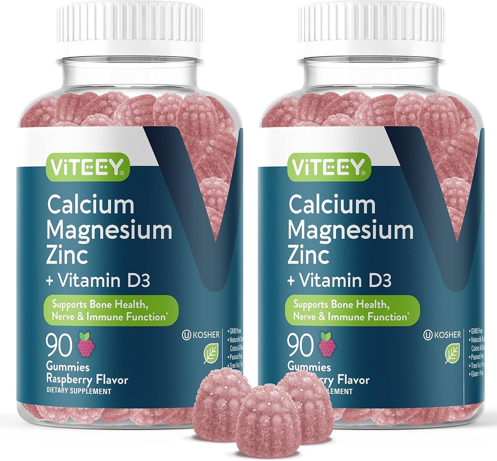 含维生素D3的Viteey Calcium 镁锌固醇 - 支持骨质健康,神经与免疫功能 - 成人与青少年的镁锌 D3 - GMO Free - Chewberry Flavored Gummy