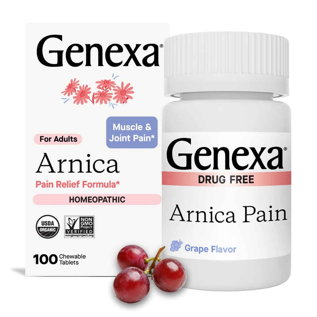 Genexa Arnica for Pain Relief – 减轻肌肉和联合疼痛、痛苦和僵硬 – 减少布鲁伊塞斯和安宁 – 有机葡萄 Flavor – Homopathic 补救措施 – 清洁 – 100块可嚼药片