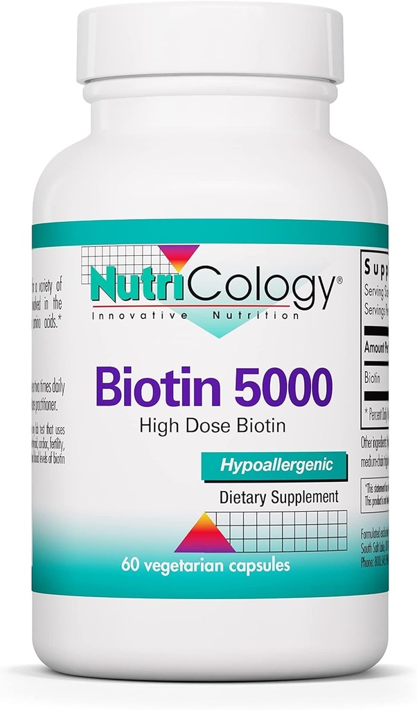 营养学 生物素 5000 补充 - 5000 mcg 生物素,用于毛发,皮肤和钉子的维生素,高剂量,蔬菜卡普勒斯,假素,格鲁滕自由-60 计数