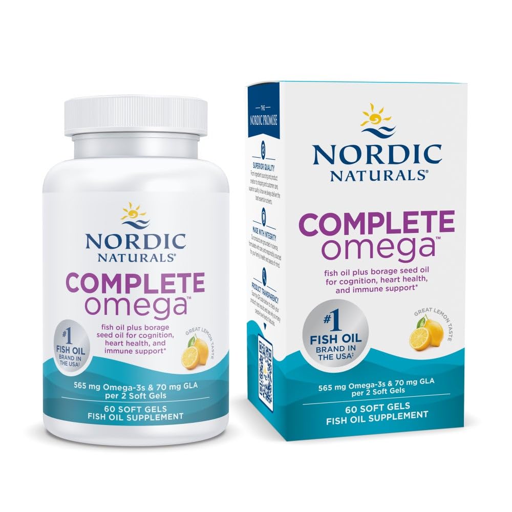 北欧自然公司 完整 Omega, Lemon Flavor - 60 Soft Gels - 565 mg Omega-3 - EPA & DHA 配有添加GLA - 健康皮肤,认知,阳性Mood - 非GMO - 30 services