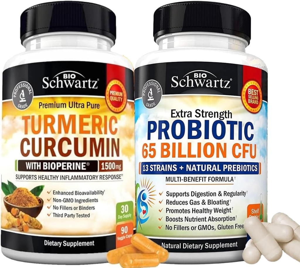 65亿 CMFU 每日Probiotic 补充材料(1个月供应)+ 带有黑色胡椒提取剂的Turmeric Curcumin 1500mg 复合剂(试剂尺寸)