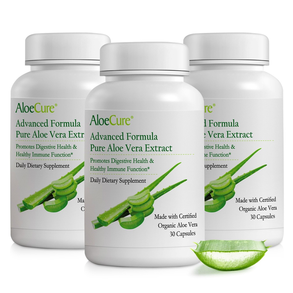AloeCure Organical Aloe Vera Capsules, 160000mg 内阿卢叶等效, 支持 Gut, 消化, & Immune健康, 帮助保持平衡胃酸, Aloin Free, 30 Caps x 3Btl